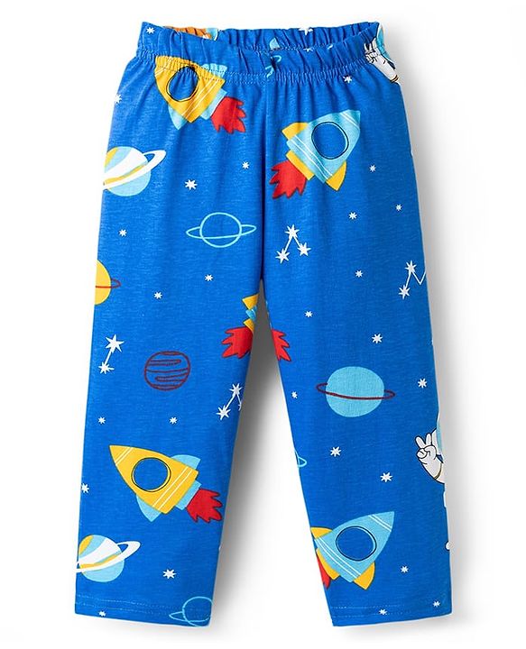 Babyhug Cotton Knit Full Sleeves Co-ords T-Shirt & Pajama Night Suit with Space Theme Print - Navy Blue