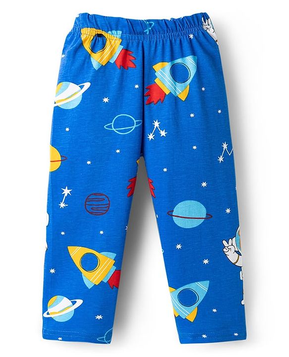 Babyhug Cotton Knit Full Sleeves Co-ords T-Shirt & Pajama Night Suit with Space Theme Print - Navy Blue