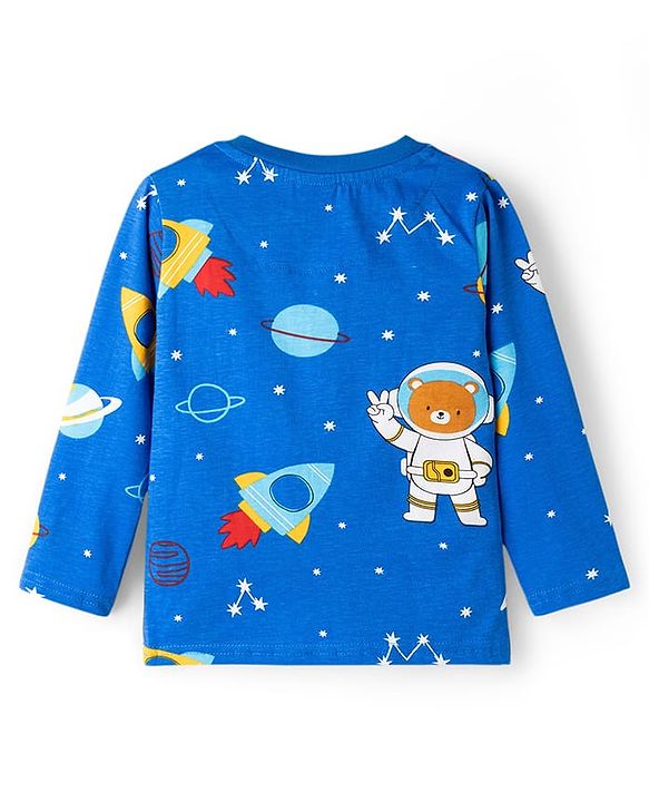 Babyhug Cotton Knit Full Sleeves Co-ords T-Shirt & Pajama Night Suit with Space Theme Print - Navy Blue