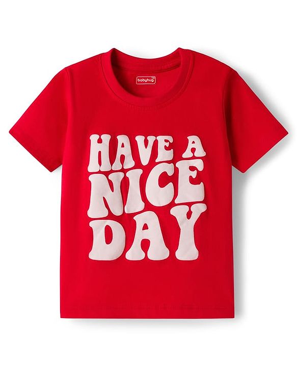 Babyhug 100% Cotton Knit Half Sleeves Text Printed T-Shirt- Red