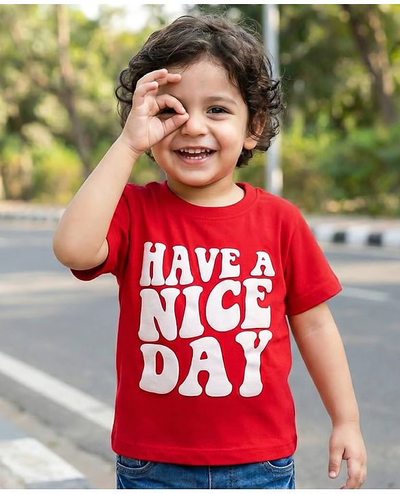 Babyhug 100% Cotton Knit Half Sleeves Text Printed T-Shirt- Red