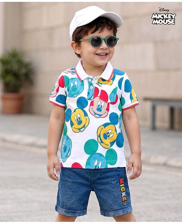 Babyhug Disney Single Jersey Knit Half Sleeves Polo T-Shirt & Shorts Set with Mickey Mouse Graphic - Multicolor