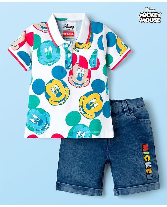 Babyhug Disney Single Jersey Knit Half Sleeves Polo T-Shirt & Shorts Set with Mickey Mouse Graphic - Multicolor