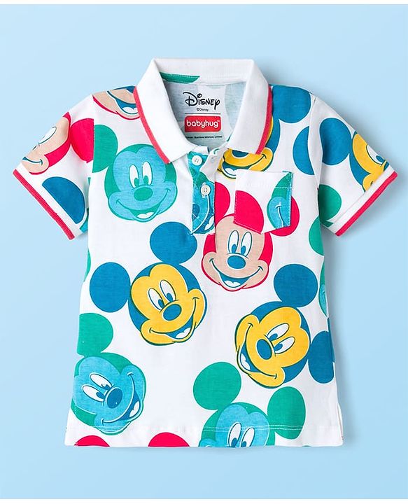 Babyhug Disney Single Jersey Knit Half Sleeves Polo T-Shirt & Shorts Set with Mickey Mouse Graphic - Multicolor