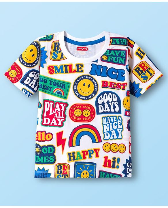 Babyhug Cotton Knit Half Sleeves T-Shirt with Text Print - White, Yellow & Blue