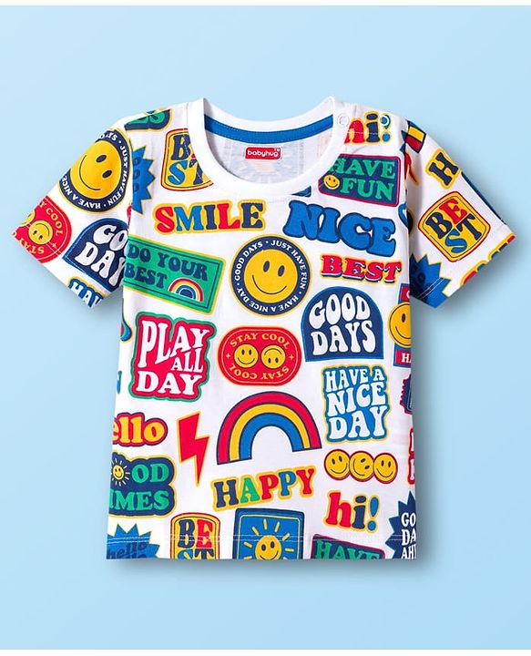 Babyhug Cotton Knit Half Sleeves T-Shirt with Text Print - White, Yellow & Blue