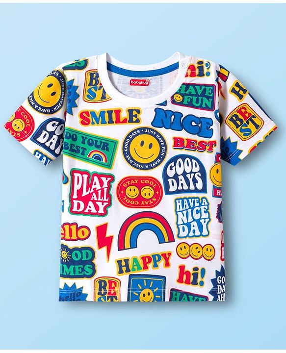 Babyhug Cotton Knit Half Sleeves T-Shirt with Text Print - White, Yellow & Blue