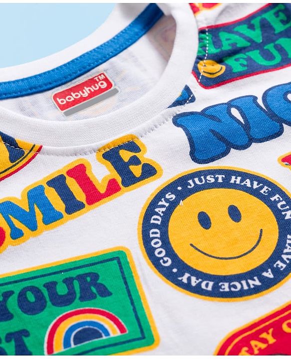 Babyhug Cotton Knit Half Sleeves T-Shirt with Text Print - White, Yellow & Blue