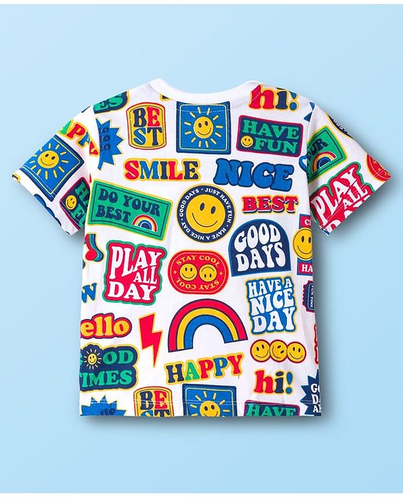 Babyhug Cotton Knit Half Sleeves T-Shirt with Text Print - White, Yellow & Blue