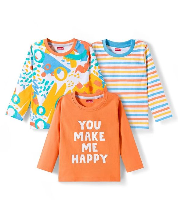 Babyhug Cotton Knit Full Sleeves Striped Abstract & Text Printed T-Shirts Pack of 3 - Orange & White