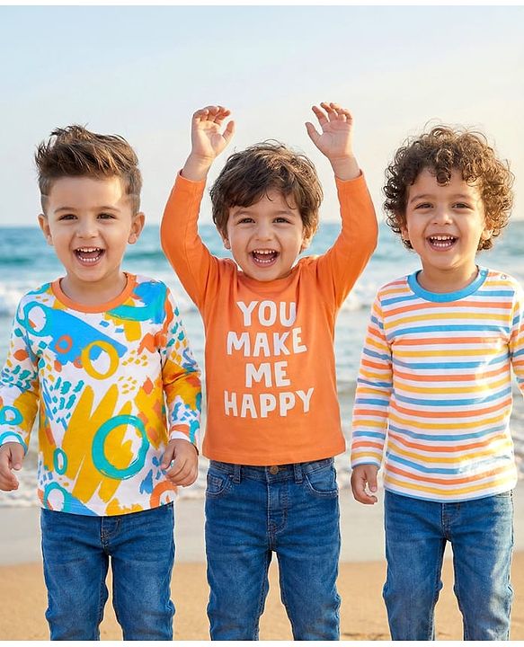 Babyhug Cotton Knit Full Sleeves Striped Abstract & Text Printed T-Shirts Pack of 3 - Orange & White
