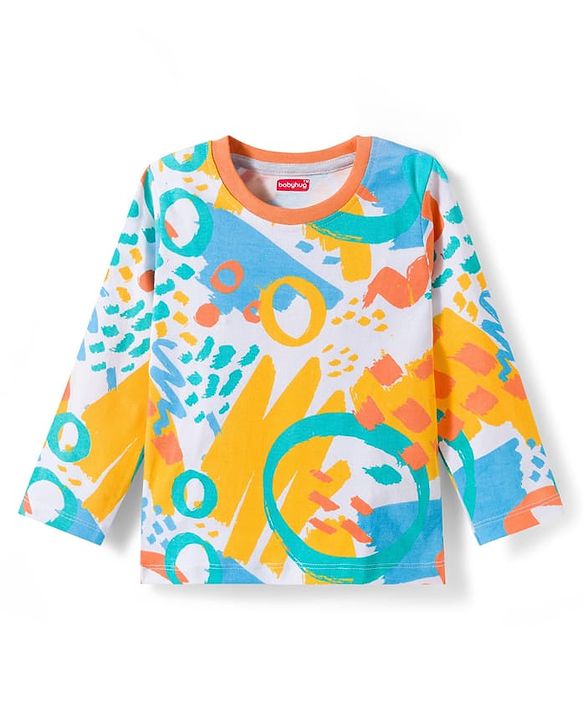 Babyhug Cotton Knit Full Sleeves Striped Abstract & Text Printed T-Shirts Pack of 3 - Orange & White