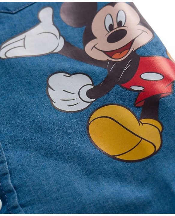 Babyhug Disney Half Sleeve Denim Shirt with Mickey Mouse Graphic - Blue