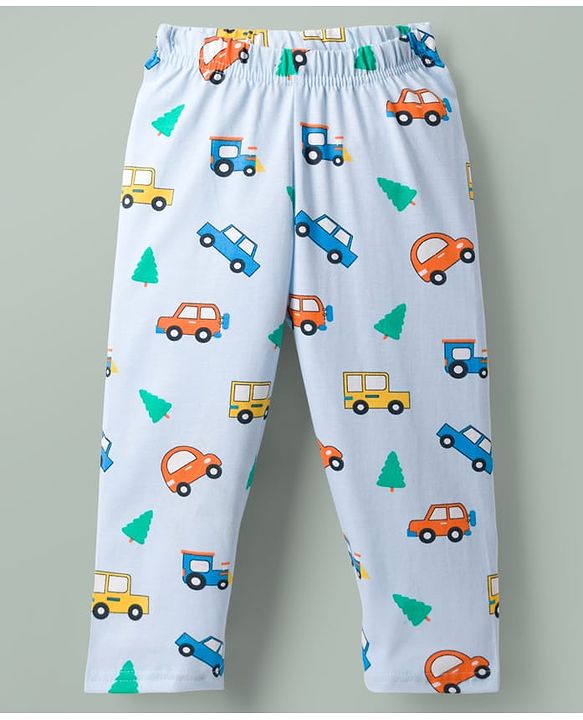 Babyhug Cotton Knit Full Sleeves Vehicles Printed Co-Ords T-Shirt & Pyjama Night Suit - Light Blue