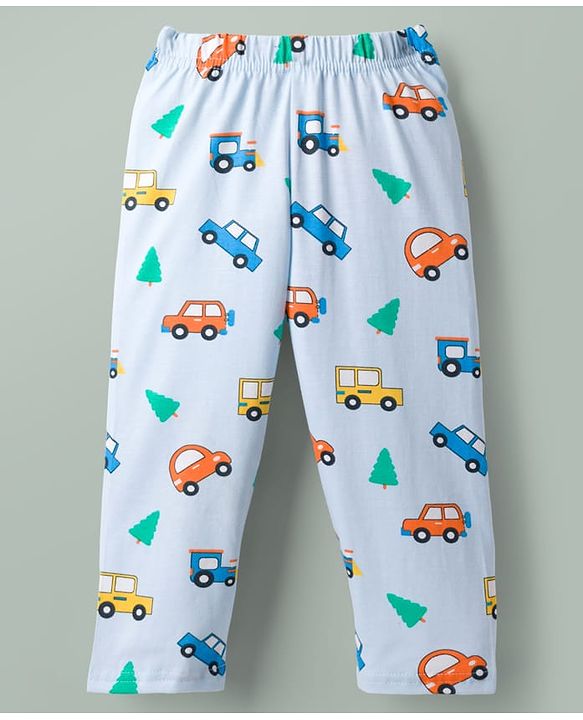 Babyhug Cotton Knit Full Sleeves Vehicles Printed Co-Ords T-Shirt & Pyjama Night Suit - Light Blue