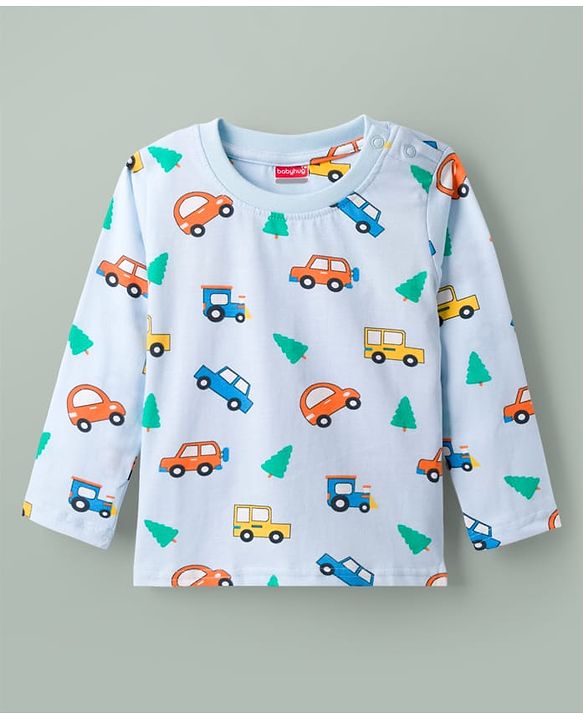 Babyhug Cotton Knit Full Sleeves Vehicles Printed Co-Ords T-Shirt & Pyjama Night Suit - Light Blue