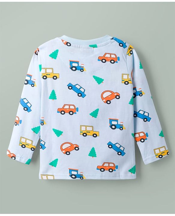 Babyhug Cotton Knit Full Sleeves Vehicles Printed Co-Ords T-Shirt & Pyjama Night Suit - Light Blue