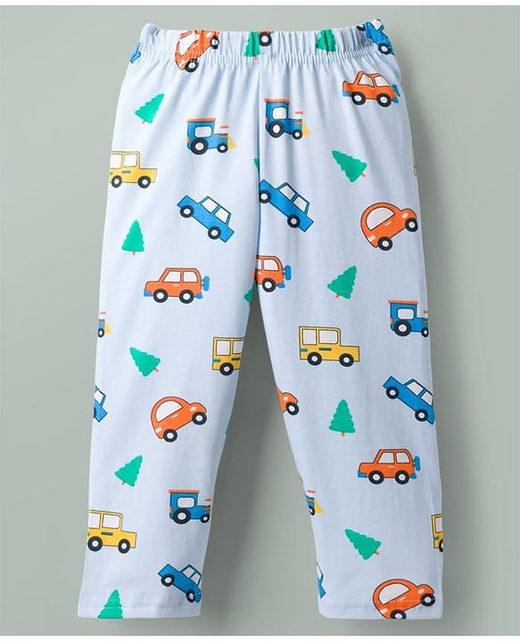 Babyhug Cotton Knit Full Sleeves Vehicles Printed Co-Ords T-Shirt & Pyjama Night Suit - Light Blue