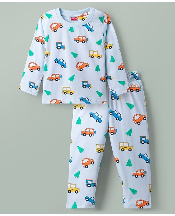 Babyhug Cotton Knit Full Sleeves Vehicles Printed Co-Ords T-Shirt & Pyjama Night Suit - Light Blue