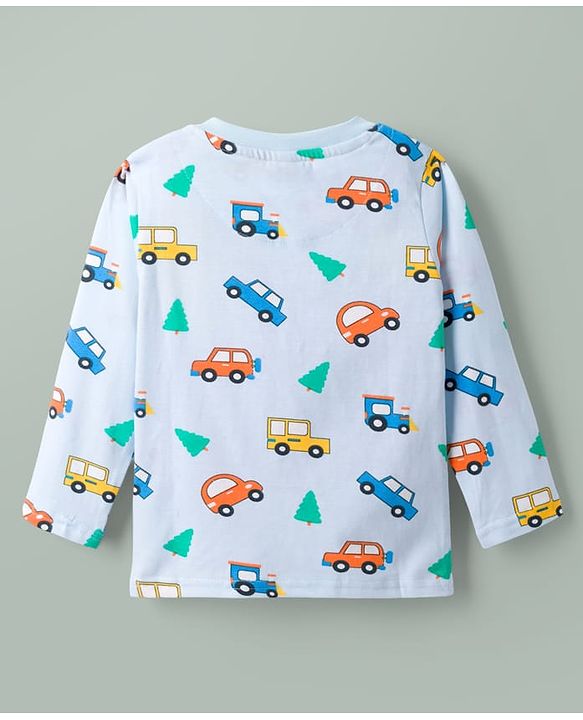 Babyhug Cotton Knit Full Sleeves Vehicles Printed Co-Ords T-Shirt & Pyjama Night Suit - Light Blue