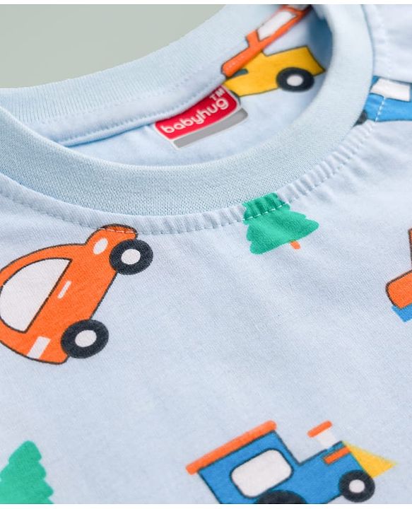 Babyhug Cotton Knit Full Sleeves Vehicles Printed Co-Ords T-Shirt & Pyjama Night Suit - Light Blue
