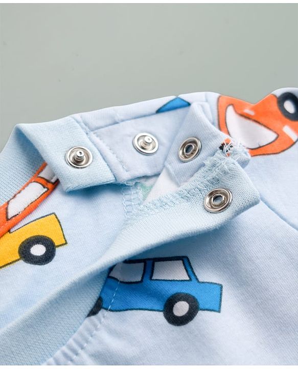 Babyhug Cotton Knit Full Sleeves Vehicles Printed Co-Ords T-Shirt & Pyjama Night Suit - Light Blue