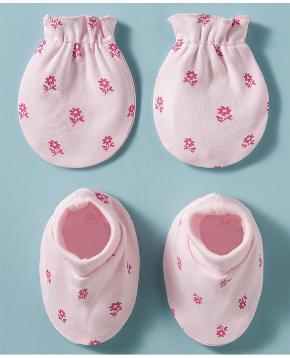 Babyhug 100% Cotton Knit Mittens & Booties With Floral Print - Pink