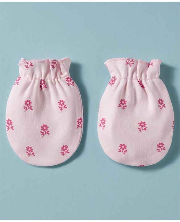 Babyhug 100% Cotton Knit Mittens & Booties With Floral Print - Pink