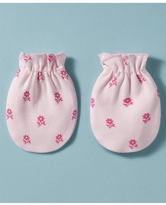 Babyhug 100% Cotton Knit Mittens & Booties With Floral Print - Pink