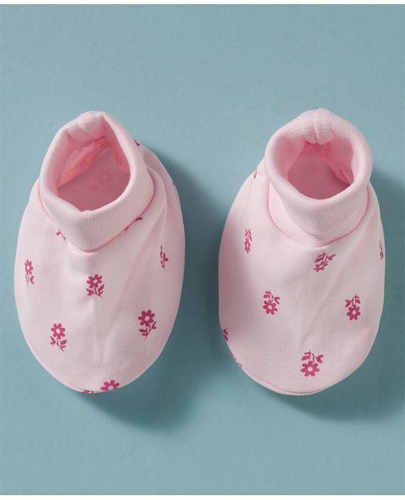 Babyhug 100% Cotton Knit Mittens & Booties With Floral Print - Pink
