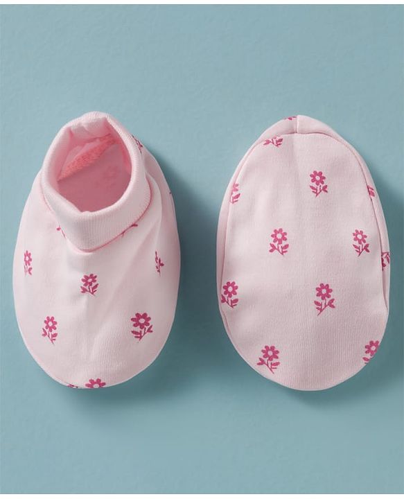 Babyhug 100% Cotton Knit Mittens & Booties With Floral Print - Pink