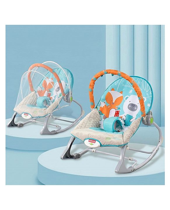 Babyhug 2-in-1 Rockers & Reclining Chair with Calming Vibration| Adjustable Recline| Safety Harness| Removable & Washable Fabric| Foldout Stand for Stable Position| Compact Fold  - Sky