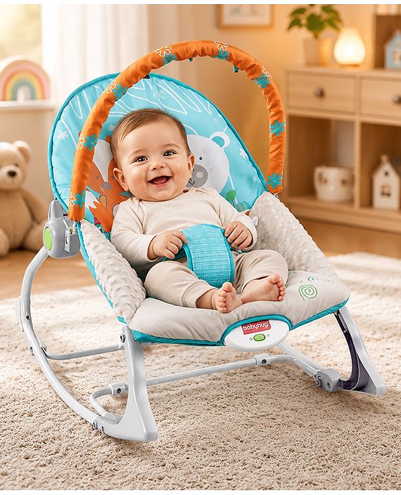 Babyhug 2-in-1 Rockers & Reclining Chair with Calming Vibration| Adjustable Recline| Safety Harness| Removable & Washable Fabric| Foldout Stand for Stable Position| Compact Fold  - Sky