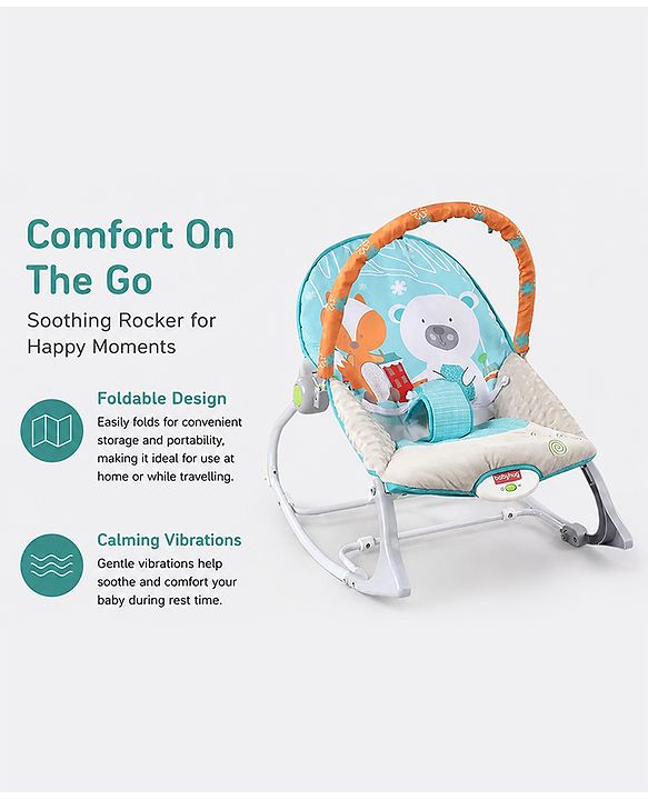 Babyhug 2-in-1 Rockers & Reclining Chair with Calming Vibration| Adjustable Recline| Safety Harness| Removable & Washable Fabric| Foldout Stand for Stable Position| Compact Fold  - Sky