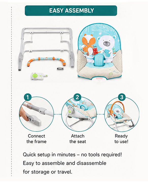 Babyhug 2-in-1 Rockers & Reclining Chair with Calming Vibration| Adjustable Recline| Safety Harness| Removable & Washable Fabric| Foldout Stand for Stable Position| Compact Fold  - Sky