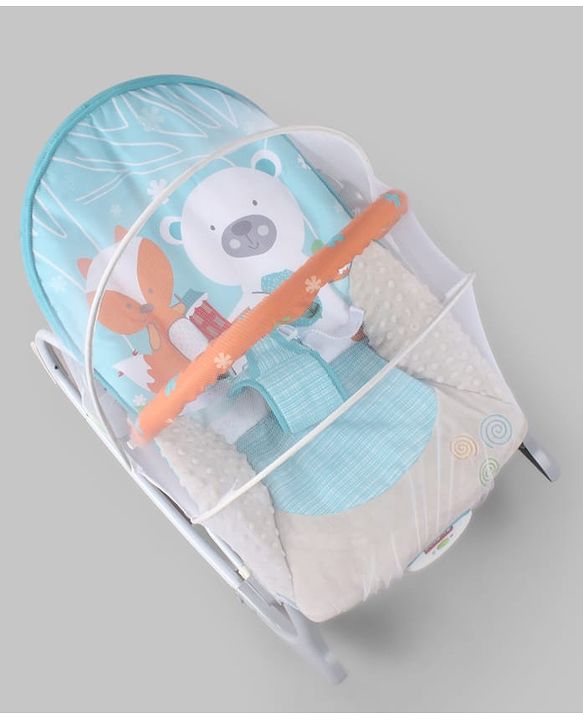 Babyhug 2-in-1 Rockers & Reclining Chair with Calming Vibration| Adjustable Recline| Safety Harness| Removable & Washable Fabric| Foldout Stand for Stable Position| Compact Fold  - Sky