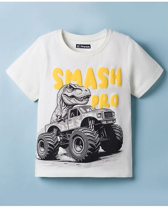 Pine Kids Cotton Knit T-Shirt Half Sleeves Dino on Car Graphic Snow White 4-5 Years