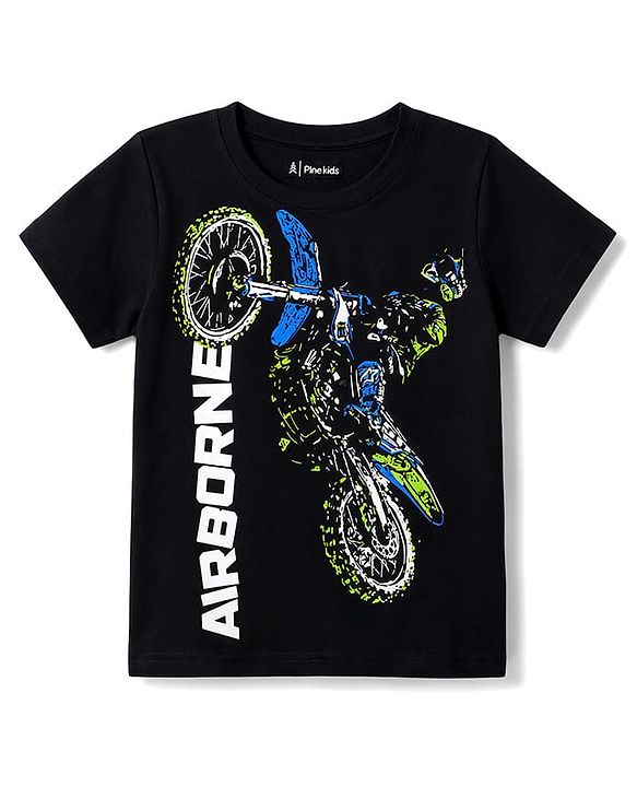 Pine Kids Cotton Knit T-Shirt Bike Rider Print Round Neck Half Sleeves Jet Black 4-5 Years