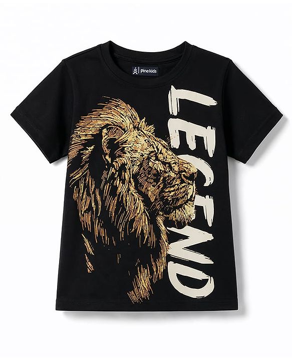 Pine Kids Cotton Knit T-Shirt with Lion Print Jet Black 4-5 Years