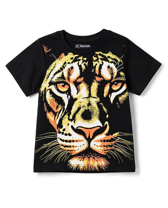 Pine Kids Cotton Knit T-Shirts Tiger Graphic Print Jet Black 4-5 Years