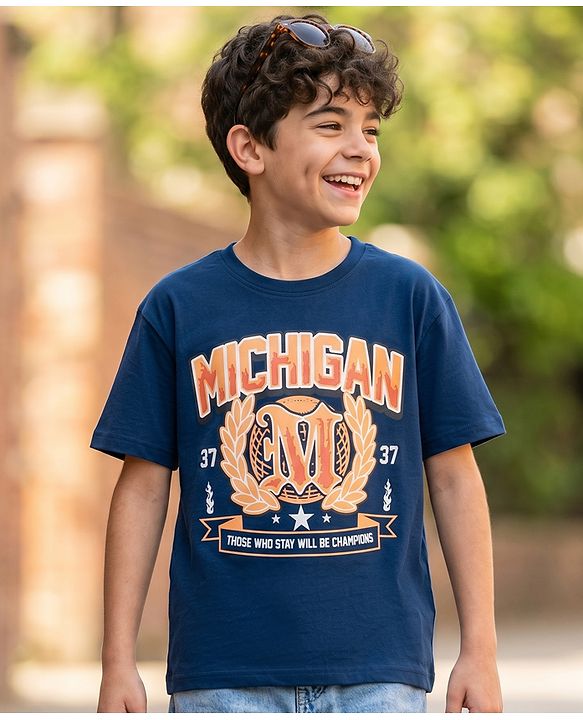 Pine Kids Cotton Knit T-Shirt Half Sleeves Michigan Print Gibraltar Sea 4-5 Years