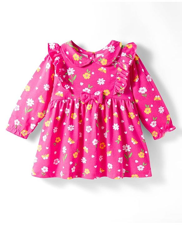 Babyhug 100% Cotton Knit Full Sleeves Floral Printed Frock With Bloomer - Pink