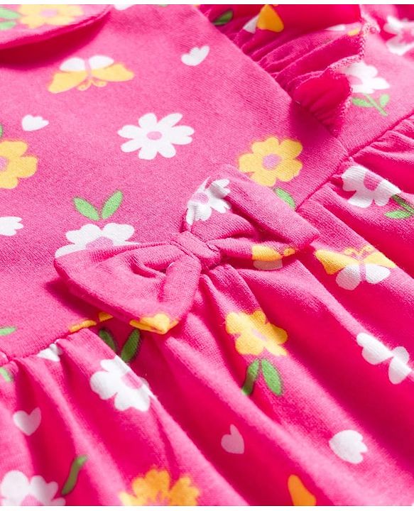Babyhug 100% Cotton Knit Full Sleeves Floral Printed Frock With Bloomer - Pink