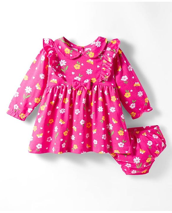 Babyhug 100% Cotton Knit Full Sleeves Floral Printed Frock With Bloomer - Pink