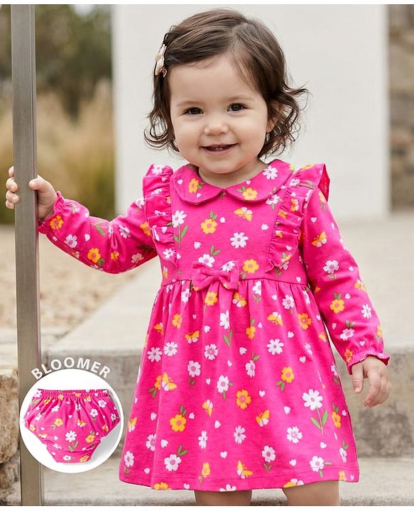Babyhug 100% Cotton Knit Full Sleeves Floral Printed Frock With Bloomer - Pink