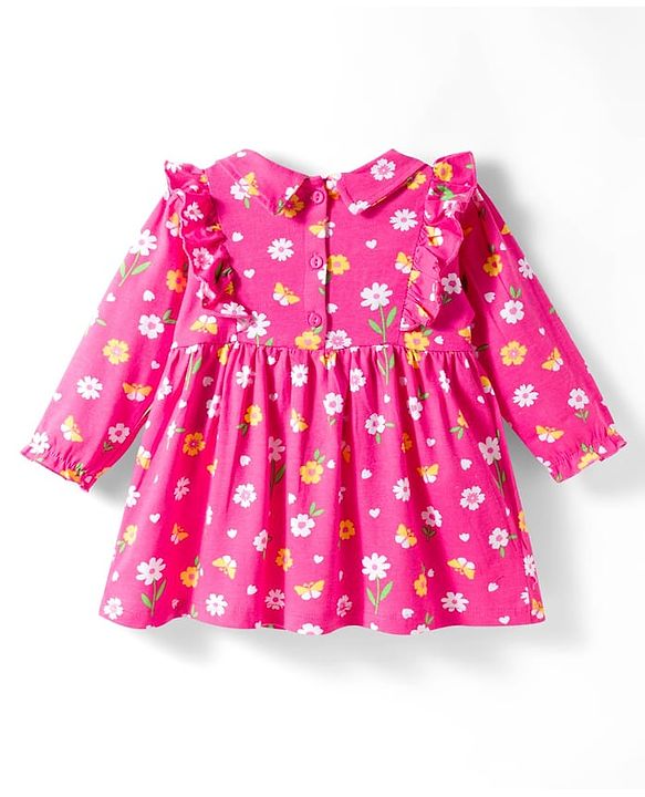 Babyhug 100% Cotton Knit Full Sleeves Floral Printed Frock With Bloomer - Pink