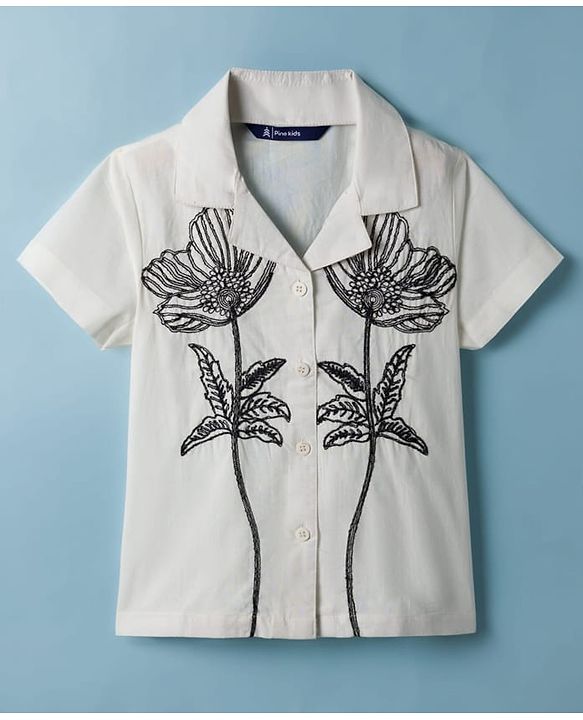 Pine Kids 100% Cotton Woven Half Sleeves Floral Embroidered Top - White