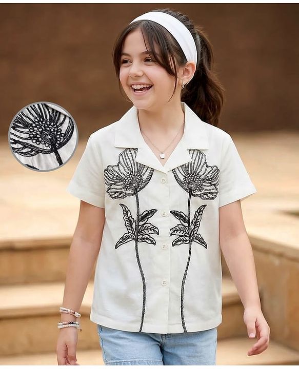 Pine Kids 100% Cotton Woven Half Sleeves Floral Embroidered Top - White