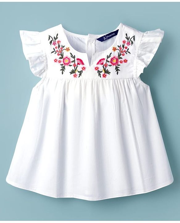 Pine Kids 100% Cotton Woven Frill Sleeves Floral Embroidered Top - White