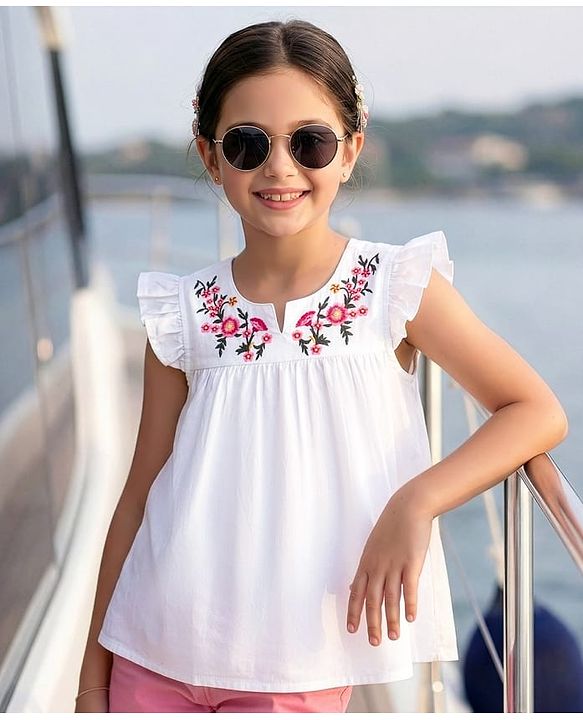 Pine Kids 100% Cotton Woven Frill Sleeves Floral Embroidered Top - White